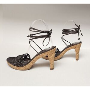 Antonio Melani Brown Macrame Woven Sandals Open Toe Ankle Wrap Cork Heel Sz 6.5